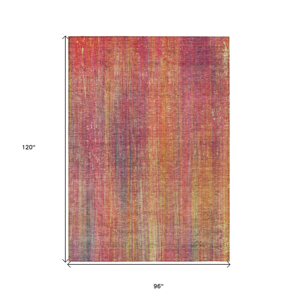 Homeroots 8' X 10' Red And Orange Striped Washable Non Skid Indoor Outdoor Area Rug Red Polyester 562629