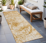 Homeroots 8' Runner Cream And Gold Abstract Washable Non Skid Indoor Outdoor Runner Rug Beige Polyester 562651