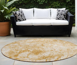 Homeroots 8' Round Cream And Gold Round Abstract Washable Non Skid Indoor Outdoor Area Rug Beige Polyester 562655