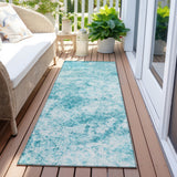 Homeroots 8' Runner Teal Abstract Washable Non Skid Indoor Outdoor Runner Rug Teal Polyester 562669