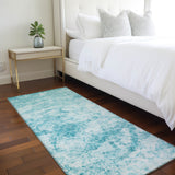 Homeroots 8' Runner Teal Abstract Washable Non Skid Indoor Outdoor Runner Rug Teal Polyester 562669