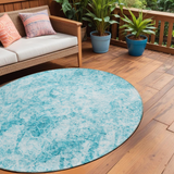 Homeroots 8' Round Teal Round Abstract Washable Non Skid Indoor Outdoor Area Rug Teal Polyester 562673