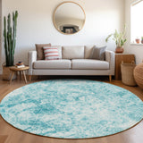 Homeroots 8' Round Teal Round Abstract Washable Non Skid Indoor Outdoor Area Rug Teal Polyester 562673