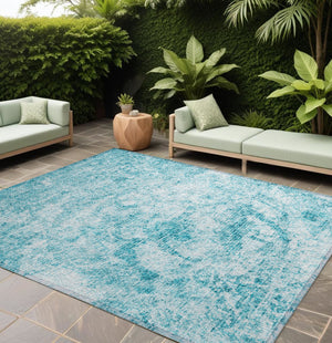 Homeroots 8' X 10' Teal Abstract Washable Non Skid Indoor Outdoor Area Rug Teal Polyester 562674