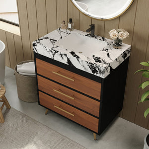 English Elm Modern Freestanding Vanity with Sintered Stone Top Ceramic Sink and Gold Steel Legs W3136S00054