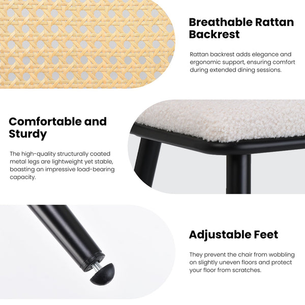 English Elm Dining Chairs Mid-Century Modern Rattan Backrest Bouclé Upholstered Metal Frame Comfortable Design White T3623P379917