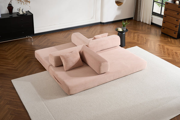 English Elm Convertible Sleeper Sofa Bed Corduroy 4-in-1 Folding Floor Couch with 35D Sponge Support and No-Assembly Pink W3434P378562