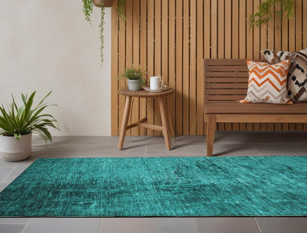 Homeroots 8' Runner Stylish Abstract Washable Non-skid Indoor Outdoor Rug For Kids And Pets - Stain Resistant Teal Polyester 562732