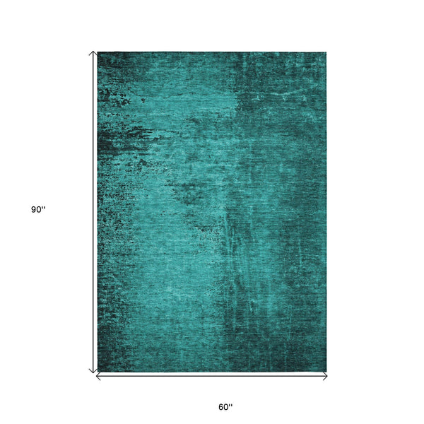 Homeroots 5' X 8' Teal Abstract Washable Non Skid Indoor Outdoor Area Rug Teal Polyester 562735