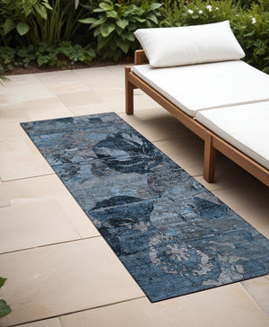 Homeroots 2' Indoor Outdoor Blue Abstract Washable Runner Rug - Stylish, Stain Resistant, And Soft Texture Denim Polyester 562741