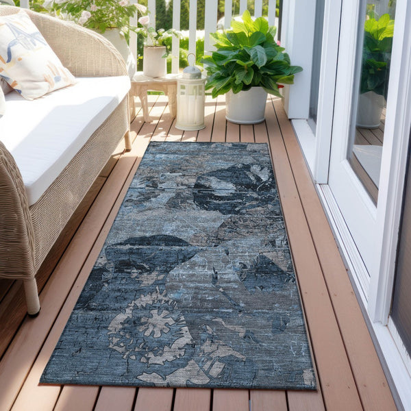 Homeroots 2' Indoor Outdoor Blue Abstract Washable Runner Rug - Stylish, Stain Resistant, And Soft Texture Denim Polyester 562741