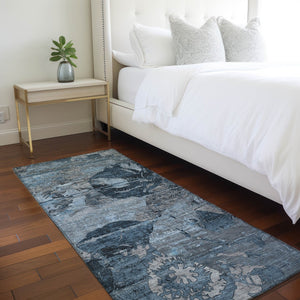 Homeroots 2' Indoor Outdoor Blue Abstract Washable Runner Rug - Stylish, Stain Resistant, And Soft Texture Denim Polyester 562741