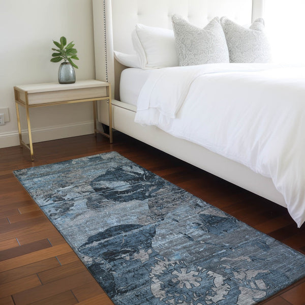 Homeroots 2' Indoor Outdoor Blue Abstract Washable Runner Rug - Stylish, Stain Resistant, And Soft Texture Denim Polyester 562741