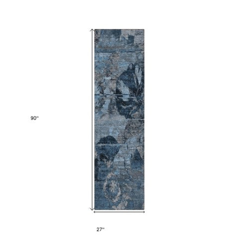 Homeroots 2' Indoor Outdoor Blue Abstract Washable Runner Rug - Stylish, Stain Resistant, And Soft Texture Denim Polyester 562741