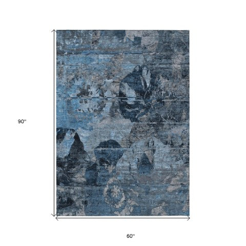 Homeroots 2' Indoor Outdoor Blue Abstract Washable Runner Rug - Stylish, Stain Resistant, And Soft Texture 5' X 8' Polyester 562744