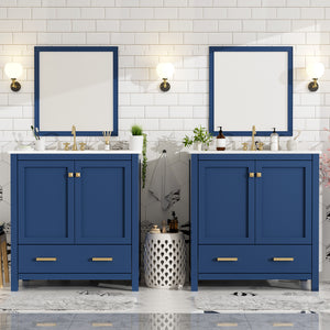 English Elm 60" Blue Double Vanity with Ceramic Sinks, Solid Wood Frame, Divided Drawers & Soft-Close Doors N729P000001C