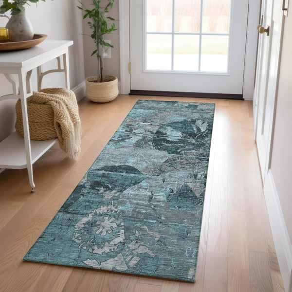 Homeroots 2' Indoor Outdoor Blue Abstract Washable Runner Rug - Stylish, Stain Resistant, And Soft Texture Teal Polyester 562795