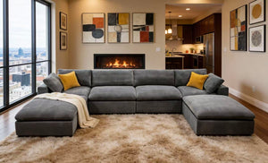 English Elm Coffee Bean Textured Modular Sectional Low Profile Lounge Sofa with Toss Pillows Light Gray B2748S00067