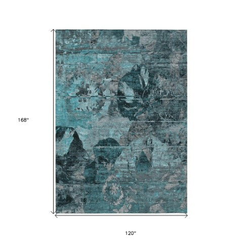 Homeroots 2' Indoor Outdoor Blue Abstract Washable Runner Rug - Stylish, Stain Resistant, And Soft Texture 10' X 14' Polyester 562802