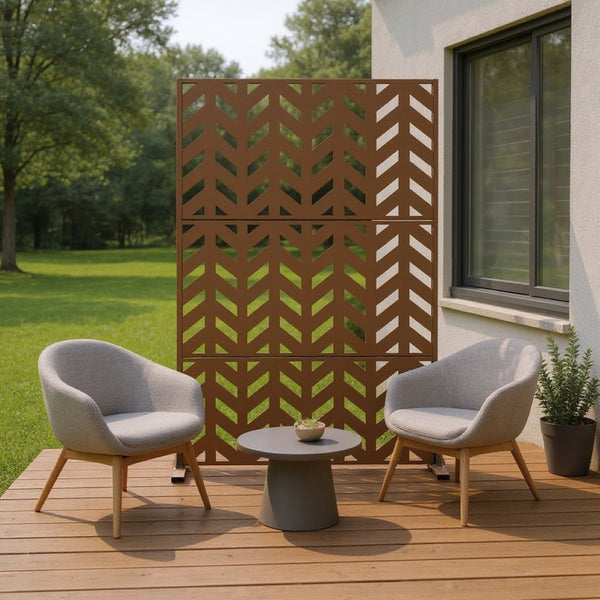 HomeRoots 72" Brown Steel Three Panel Screen Divider - Stylish Privacy, Durable Design, Versatile Layout Options 562817