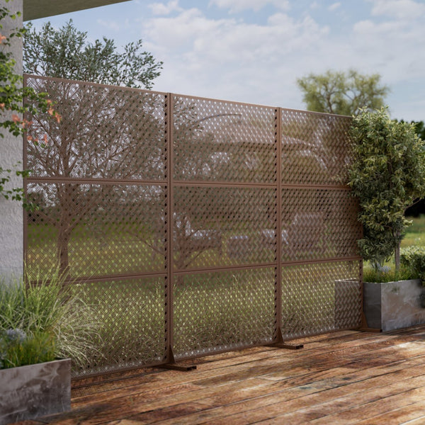 HomeRoots 72" Brown Steel Three-Panel Room Divider - Modern Privacy Screen for Stylish Spaces & Light Flow 562821