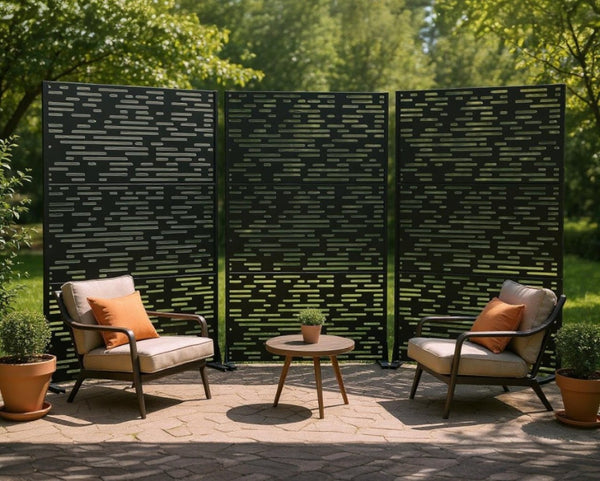 HomeRoots 52" Black Steel Three-Panel Room Divider – Stylish Privacy Screen with Translucent Panels & Flexibility 562835