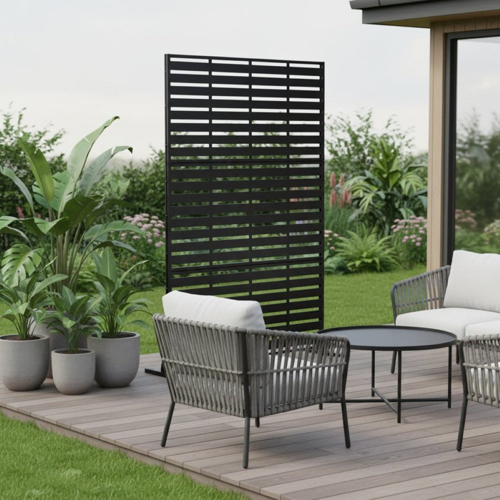 HomeRoots 72" Black Steel Three-Panel Room Divider - Modern Privacy Screen for Stylish Indoor & Outdoor Spaces 562859