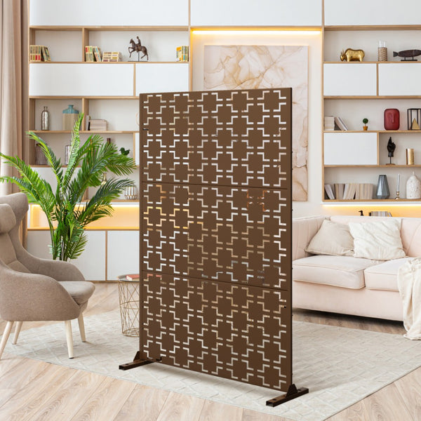 HomeRoots 72" Brown Steel Three Panel Room Divider - Stylish, Durable Privacy Screen for Modern Interiors 562867