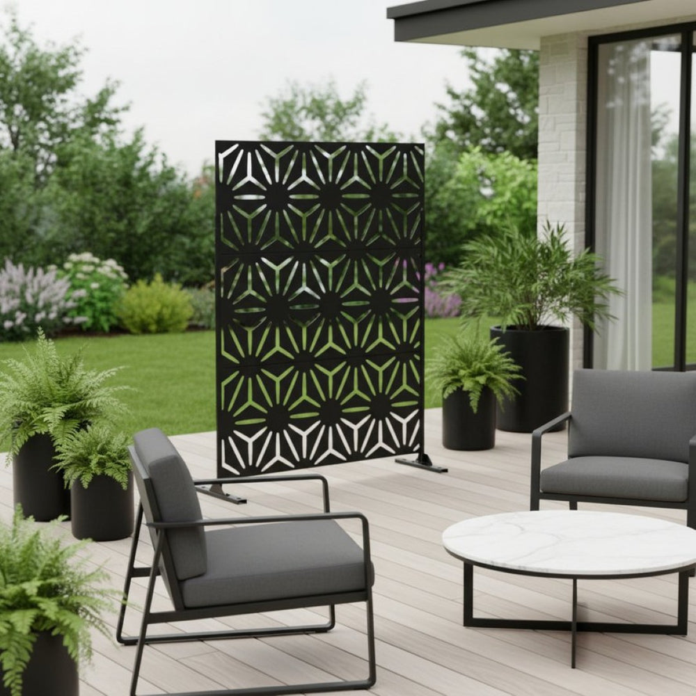 HomeRoots 75" Black Steel Three-Panel Folding Screen Divider - Elegant Privacy Solution for Indoors & Outdoors 562871