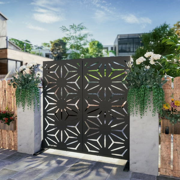 HomeRoots 75" Black Steel Three-Panel Folding Screen Divider - Elegant Privacy Solution for Indoors & Outdoors 562871