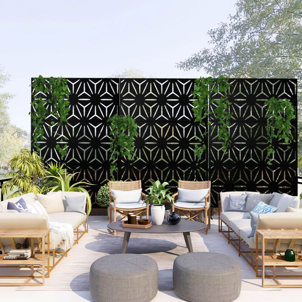 HomeRoots 75" Black Steel Three-Panel Folding Screen Divider - Elegant Privacy Solution for Indoors & Outdoors 562871