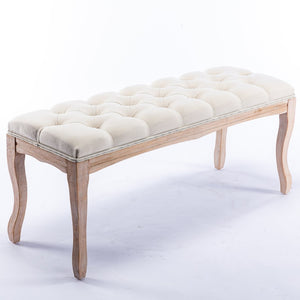 English Elm Bedroom Bench Tufted Linen Seat with Carved Distressed Wood Legs French Country Style Beige W3244P493647
