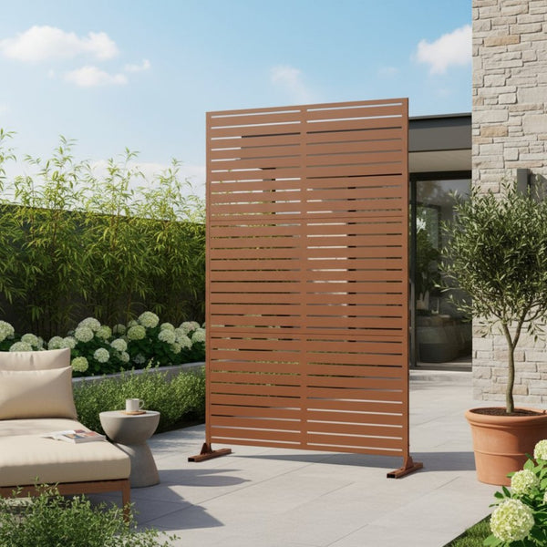HomeRoots 72" Brown Steel Three Panel Room Divider - Stylish Privacy Screen, Modern Design for Home & Office 562881