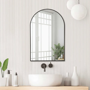 HomeRoots 39" Black Arched Metal Framed Mirror - Modern Elegance for Bathrooms, Entryways, and Living Spaces 562893