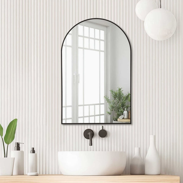 HomeRoots 39" Black Arched Metal Framed Mirror - Modern Elegance for Bathrooms, Entryways, and Living Spaces 562893