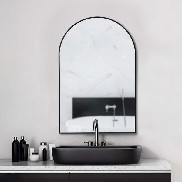 HomeRoots 39" Black Arched Metal Framed Mirror - Modern Elegance for Bathrooms, Entryways, and Living Spaces 562893