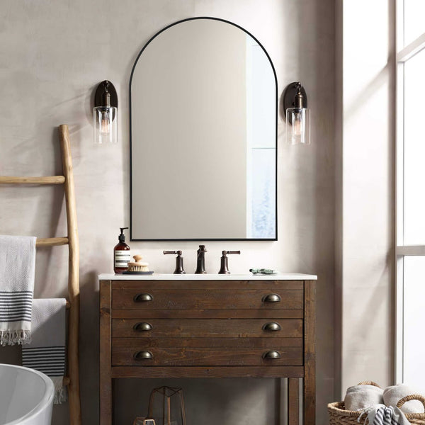 HomeRoots 39" Black Arched Metal Framed Mirror - Modern Elegance for Bathrooms, Entryways, and Living Spaces 562893