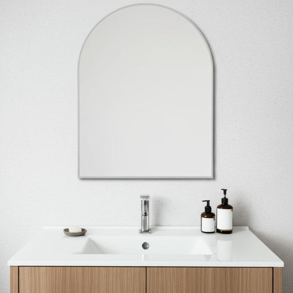 HomeRoots 39" Silver Arch Metal Framed Vanity Mirror – Elegant Design for Brightening Bathrooms & Entryways 562895