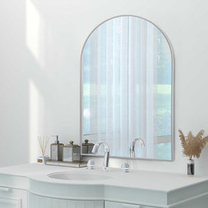 HomeRoots 39" Silver Arch Metal Framed Vanity Mirror – Elegant Design for Brightening Bathrooms & Entryways 562895