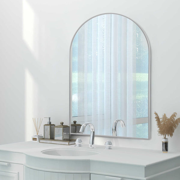 HomeRoots 39" Silver Arch Metal Framed Vanity Mirror – Elegant Design for Brightening Bathrooms & Entryways 562895