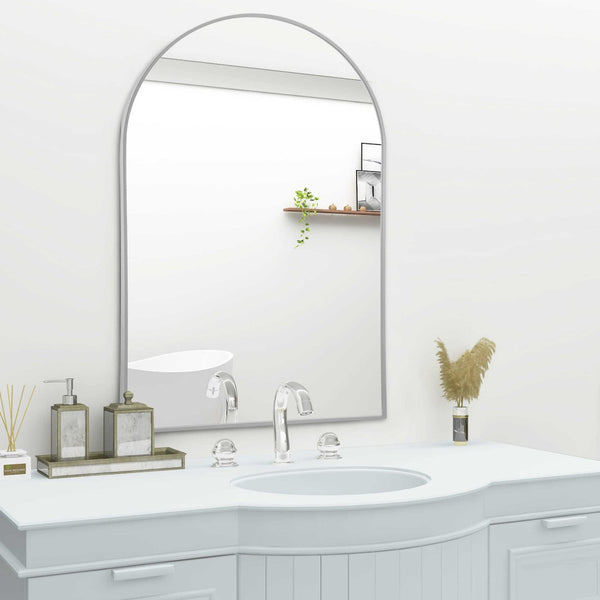 HomeRoots 39" Silver Arch Metal Framed Vanity Mirror – Elegant Design for Brightening Bathrooms & Entryways 562895