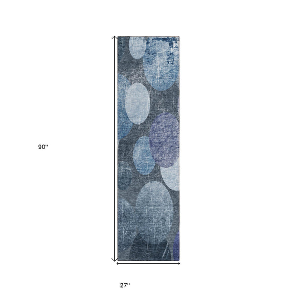 Homeroots 2' X 8' Gray And Blue Abstract Washable Non Skid Indoor Outdoor Runner Rug Blue Polyester 562900