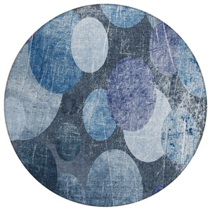 Homeroots 8' X 8' Gray And Blue Round Abstract Washable Non Skid Indoor Outdoor Area Rug Blue Polyester 562904