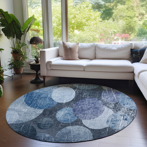 Homeroots 8' X 8' Gray And Blue Round Abstract Washable Non Skid Indoor Outdoor Area Rug Blue Polyester 562904