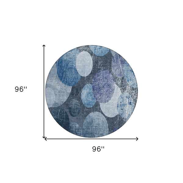 Homeroots 8' X 8' Gray And Blue Round Abstract Washable Non Skid Indoor Outdoor Area Rug Blue Polyester 562904