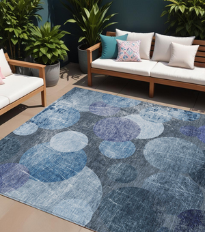 Homeroots 10' X 14' Gray And Blue Abstract Washable Non Skid Indoor Outdoor Area Rug Blue Polyester 562907