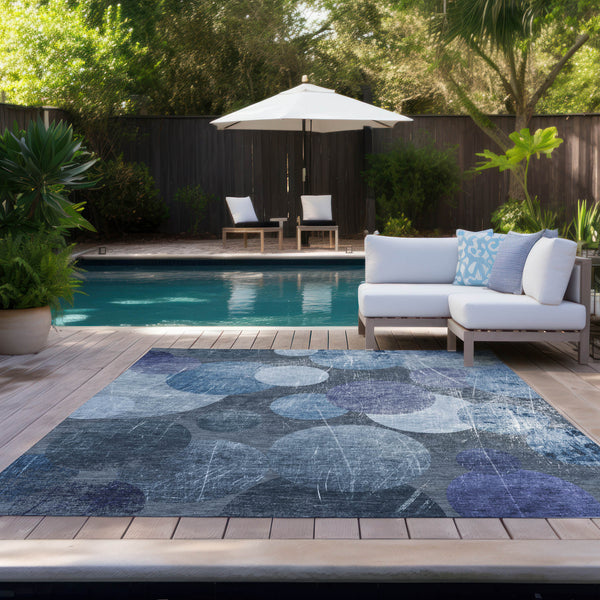 Homeroots 10' X 14' Gray And Blue Abstract Washable Non Skid Indoor Outdoor Area Rug Blue Polyester 562907