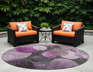 Homeroots 8' X 8' Gray And Purple Round Abstract Washable Non Skid Indoor Outdoor Area Rug Garnet Polyester 562922
