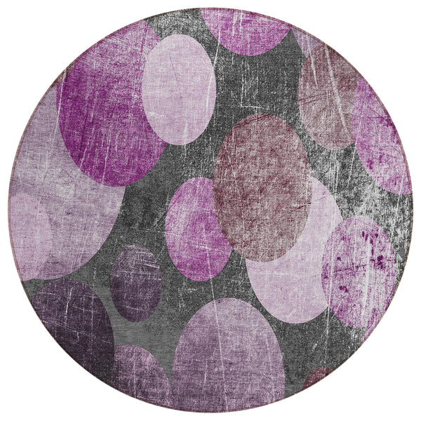 Homeroots 8' X 8' Gray And Purple Round Abstract Washable Non Skid Indoor Outdoor Area Rug Garnet Polyester 562922
