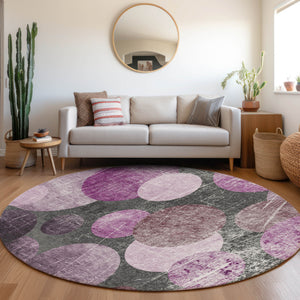 Homeroots 8' X 8' Gray And Purple Round Abstract Washable Non Skid Indoor Outdoor Area Rug Garnet Polyester 562922